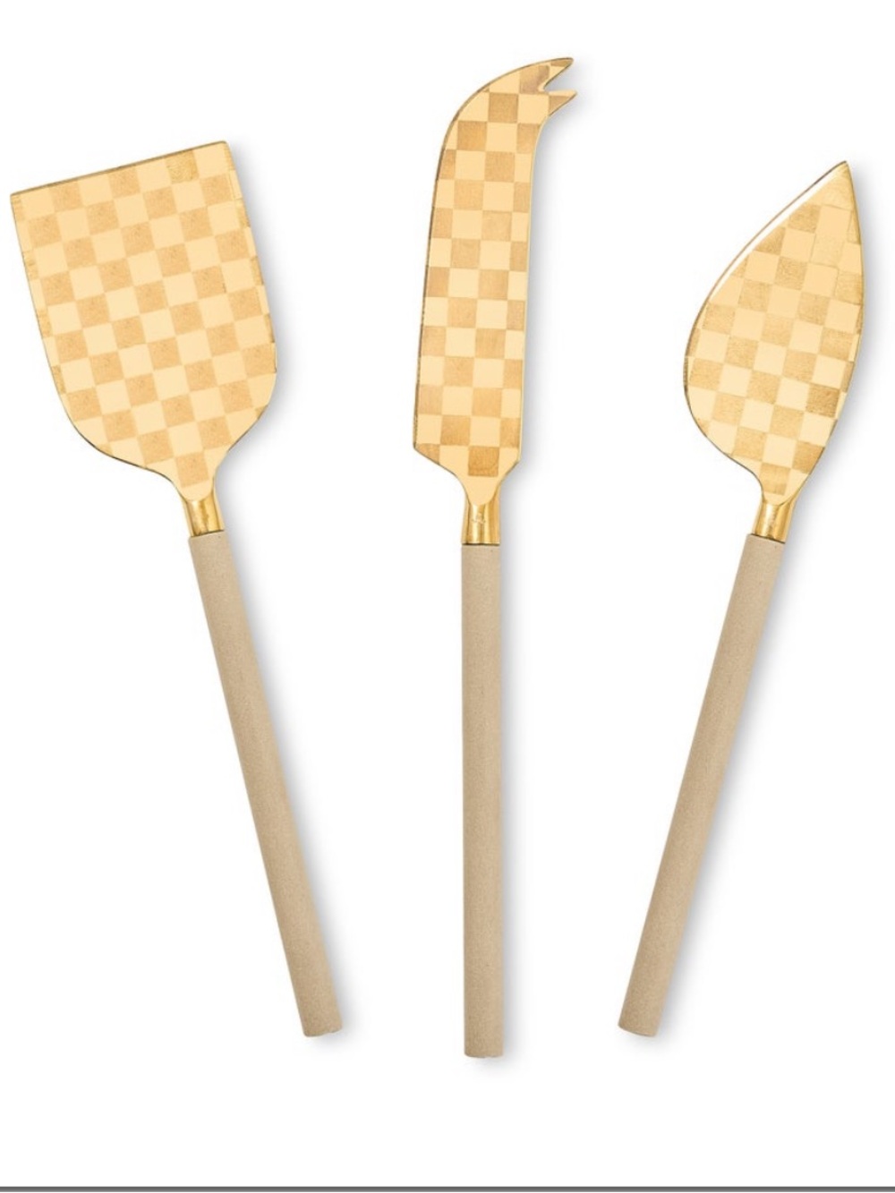 Mackenzie Childs Cheese Knife Set Mocha Check New Gift Box
